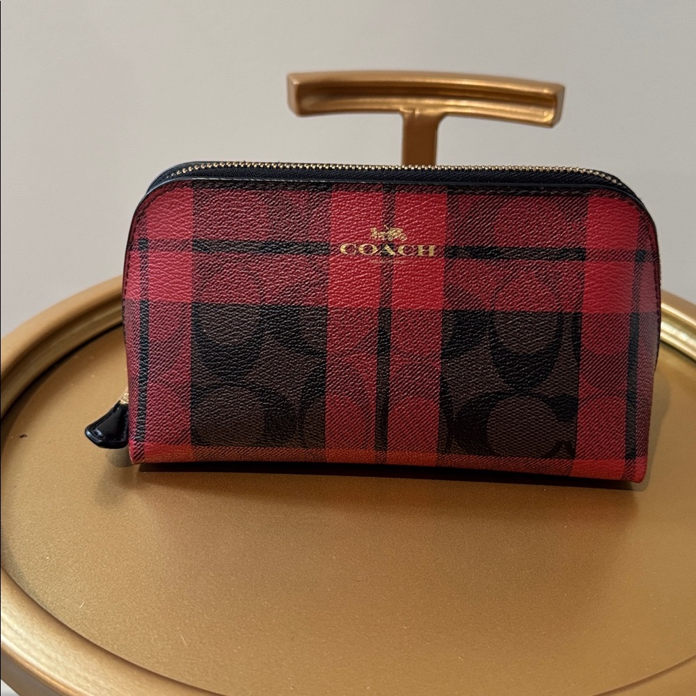Coach Cosmetic Case in Signature Canvas in Field Plaid Print with Brown Red - Picture 4 of 7